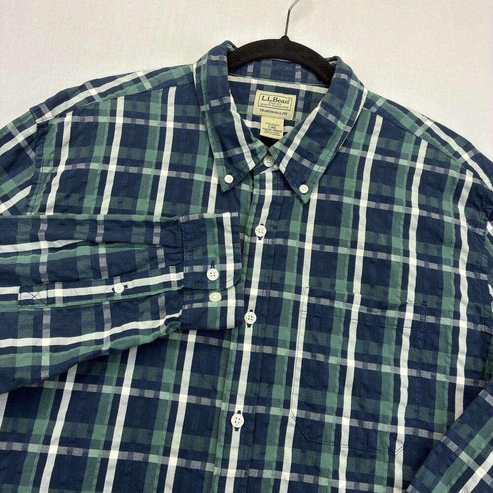 L.L.Bean Seersucker Shirt Men’s Large Blue Green Plaid Organic Cotton L/S